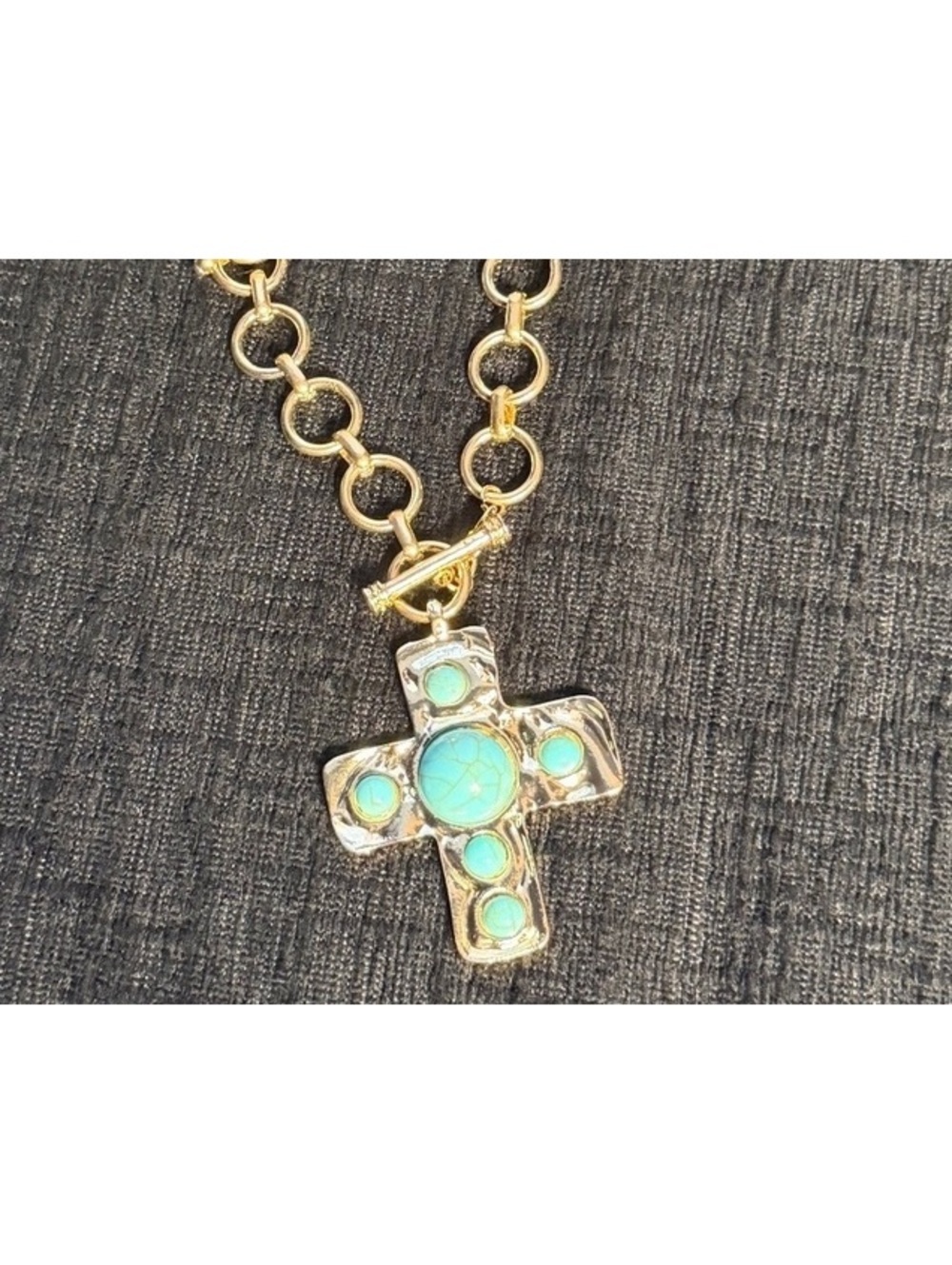 Gold Tone Chain Necklace with Turquoise Cross Pendant, 18 Inches